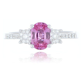 18ct white gold 0.94ct pink sapphire and diamond 3 stone style ring with diamond set shoulders
