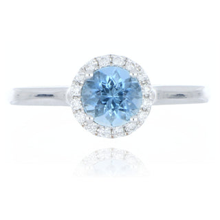 18ct white gold 0.80ct aquamarine and diamond halo ring