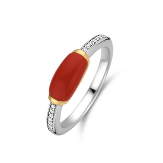 Ti Sento Silver Red Coral & Cz Barrel Ring - Size 54