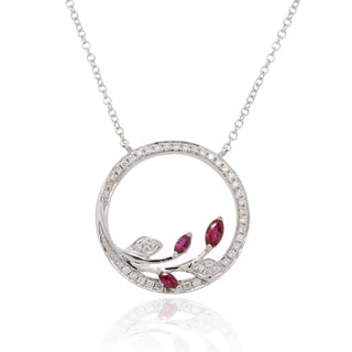 9ct White Gold 0.18ct Ruby And Diamond Leaf Circle Necklace