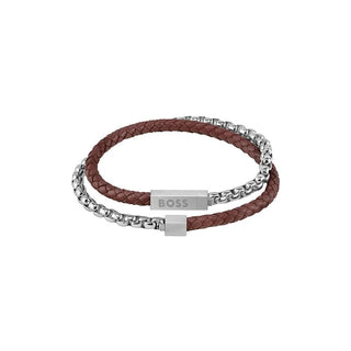 BOSS Brown Leather and Stainless Steel Double Bracelet