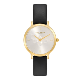 Olivia Burton 28mm Ultra Slim Yellow Gold Plated Bee Quartz Watch with a Black Leather Strap