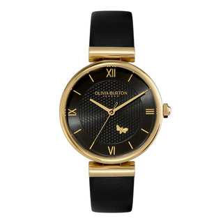 Olivia Burton 36mm Signature Minima Bee T-Bar Quartz Watch with a Black Leather Strap