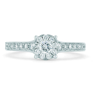 18ct White Gold Diamond Cluster Ring With Channel Set Diamond Shoulders