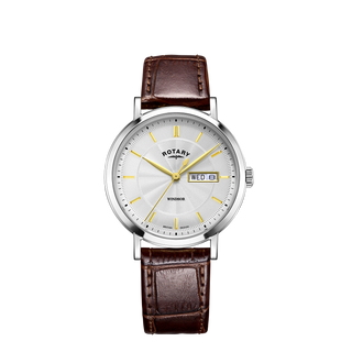 Rotary 37mm Windsor Silver Quartz Watch with a Brown Leather Strap