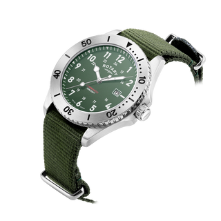 Rotary 40mm Commando Green Quartz Watch with a Green Nato Strap