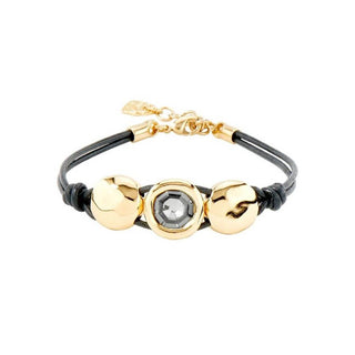 Uno de 50 'Too Much' Yellow Gold Plated 3 Circle Leather Bracelet with Swarovski Crystal
