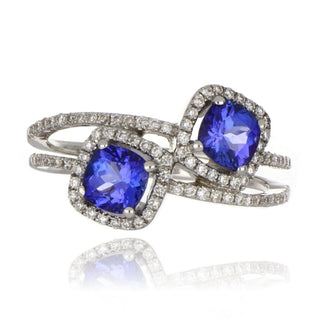 18ct White Gold 1.41ct Double Tanzanite And Diamond Crossover Ring