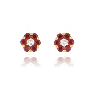 18ct Yellow Gold 0.40ct Ruby And Diamond Flower Cluster Stud Earrings
