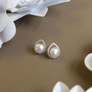 A&s Enchanted Collection Freshwater Pearl And Pear Cubic Zirconia Halo Silver Stud Earrings
