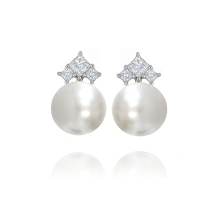 A&s Enchanted Collection Princess Cut Cubic Zirconia And Freshwater Pearl Silver Earrings