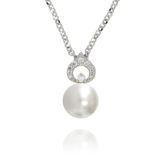A&s Enchanted Collection Petal Shaped Cubic Zirconia And Freshwater Pearl Silver Necklace