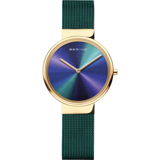 Bering Classic Watch With Green Strap, Gold Bezel & Peacock Dial