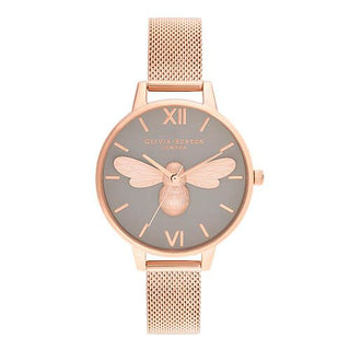 Olivia Burton Rose Gold Plated Grey Dial Lucky Bee Mesh Watch