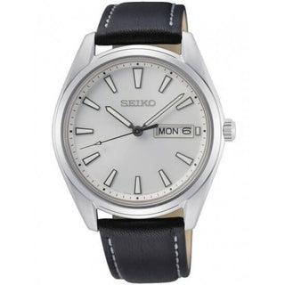 Seiko Gents Silver Quartz Watch With A Black Leather Strap