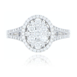 18ct white gold 0.74ct diamond oval cluster ring with split diamond set shoulders
