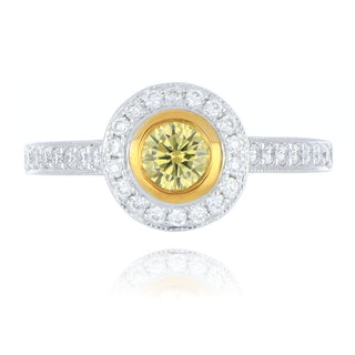 18ct white and yellow gold 0.33ct yellow diamond halo ring with diamond set shoulders
