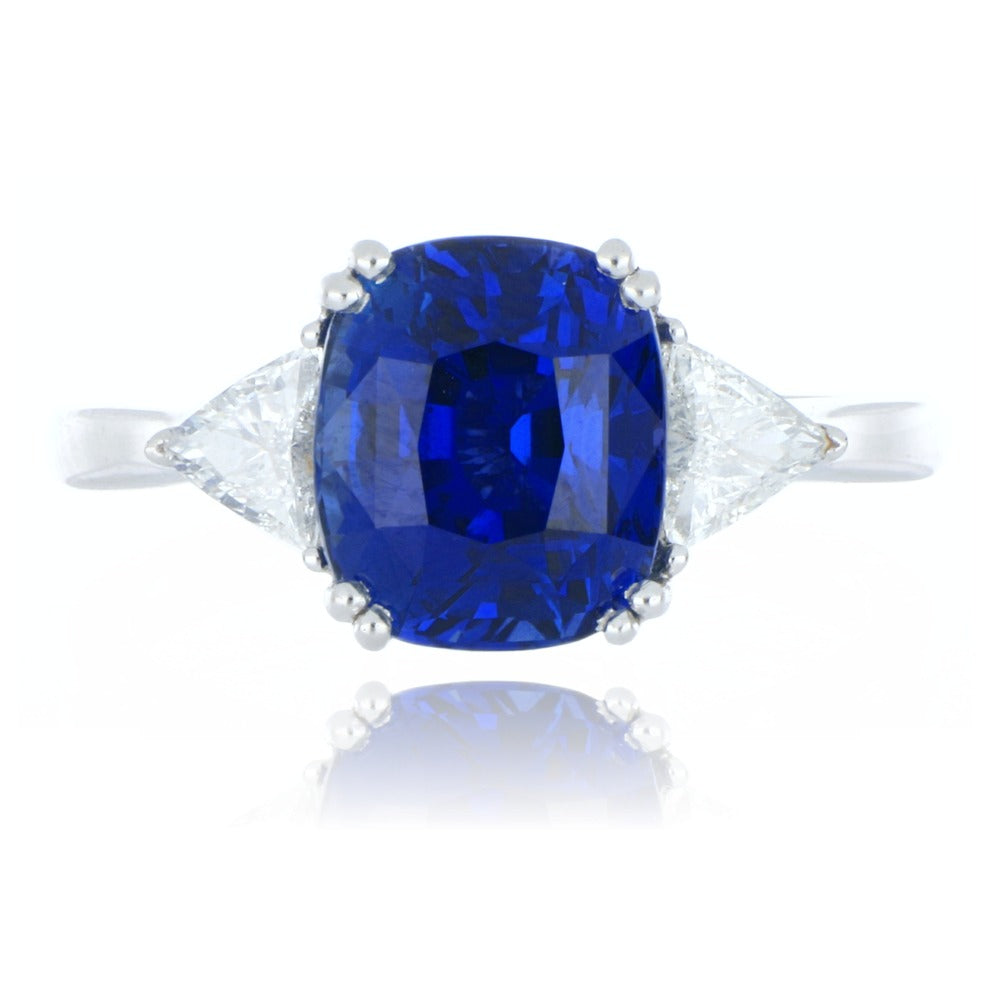 Fine Jewellery Jewellery Platinum 4.55ct Cushion Cut Sapphire And Diamond 3 Stone Ring 0204373