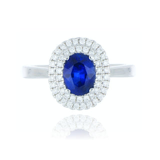 18ct White Gold 1.39ct Sapphire And Double Halo Diamond Cluster Ring
