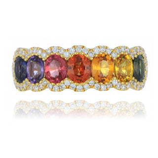18ct yellow gold 2.17ct rainbow sapphire and diamond half eternity ring