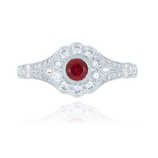 18ct White Gold 0.44ct Ruby And Diamond Vintage Style Cluster Ring