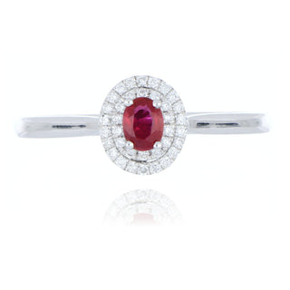 Platinum 0.21ct ruby and double diamond halo ring
