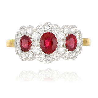 18ct yellow gold 0.82ct ruby and diamond 3 stone cluster ring