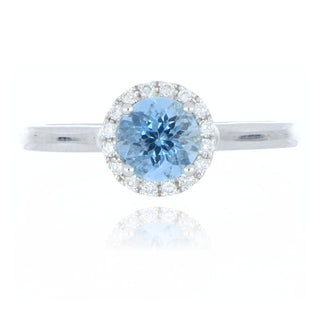 18ct white gold 0.88ct aquamarine and diamond halo ring