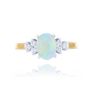 18ct Yellow Gold 0.85ct Opal And Trefoil Diamond 3 Stone Style Ring