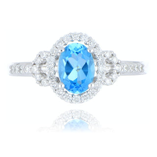 9ct white gold blue topaz and diamond 3 stone style cluster ring