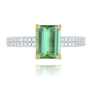 18ct white and yellow gold 1.69ct green tourmaline ring with diamond set shoulders