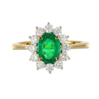 18ct yellow gold oval cut emerald and diamond halo ring