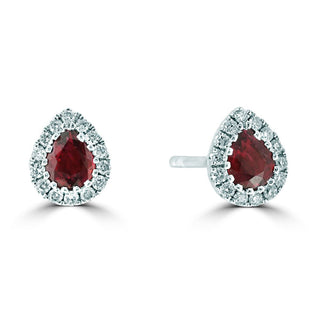 18ct White Gold Pear Cut Ruby Stud Earrings With A Diamond Cluster