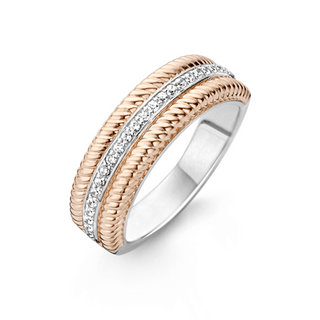 Ti Sento Silver & Rose Gold Plated Cz Triple Row Rope Ring - Size 56