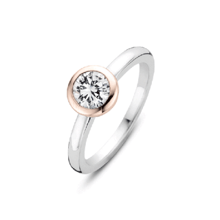 Ti Sento Silver & Rose Gold Plated Rub-over Cz Solitaire Ring - Size 54
