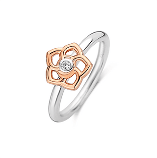 Ti Sento Silver & Rose Gold Plated Cz Flower Ring - Size 54