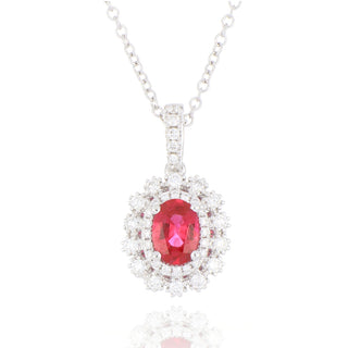 Fine Jewellery Jewellery 18ct White Gold 0.83ct Oval Ruby & Diamond Double Halo Necklace 1403261