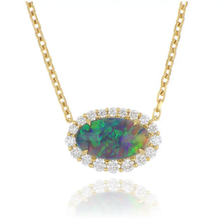 18ct yellow gold 1.20ct black opal and diamond cluster necklace