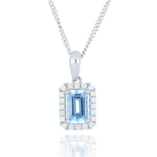 18ct White Gold 0.47ct Aquamarine and Diamond Halo Necklace