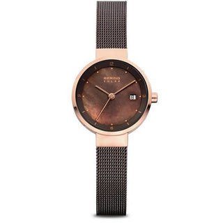 Bering Rose Gold Plated Brown Mesh Date Watch