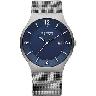 Bering Gents Solar Brushed Grey Mesh Watch With Blue Dial