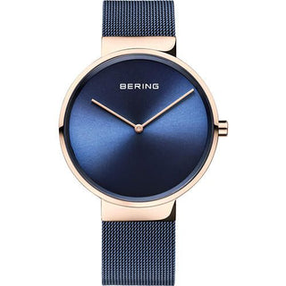 Bering Rose Gold Plated Blue Mesh Watch