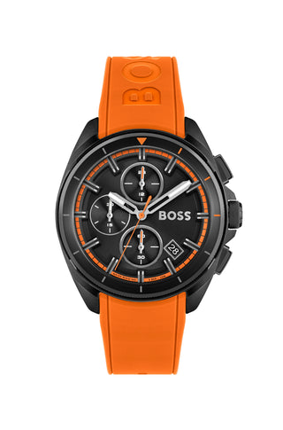 Boss 44mm Volane Black Chronograph Quartz Watch with an Orange Rubber Strap