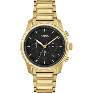 Boss 44mm Trace Yellow Gold Plated Black Chronograph Quartz Watch