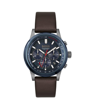 Boss 44mm Solgrade Blue Chronograph Solar Quartz Watch with a Brown Leather Strap