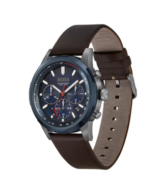 Boss 44mm Solgrade Blue Chronograph Solar Quartz Watch with a Brown Leather Strap