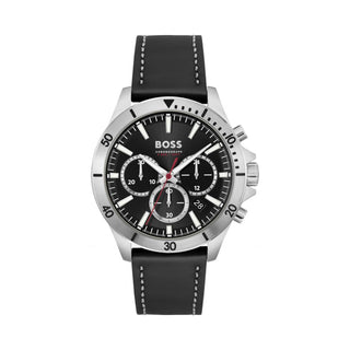 Boss 44mm Black Chronograph Quartz Watch with a Black Leather Strap