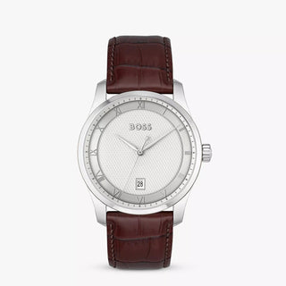 Boss 41mm Principle Silver Quartz Watch with a Brown Leather Strap