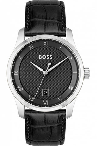 Boss 41mm Principle Black Quartz Watch with a Black Leather Strap