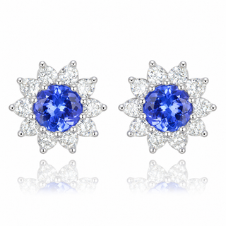 18ct White Gold 1.27cttw Round Brilliant Cut Tanzanite & Diamond Halo Earrings